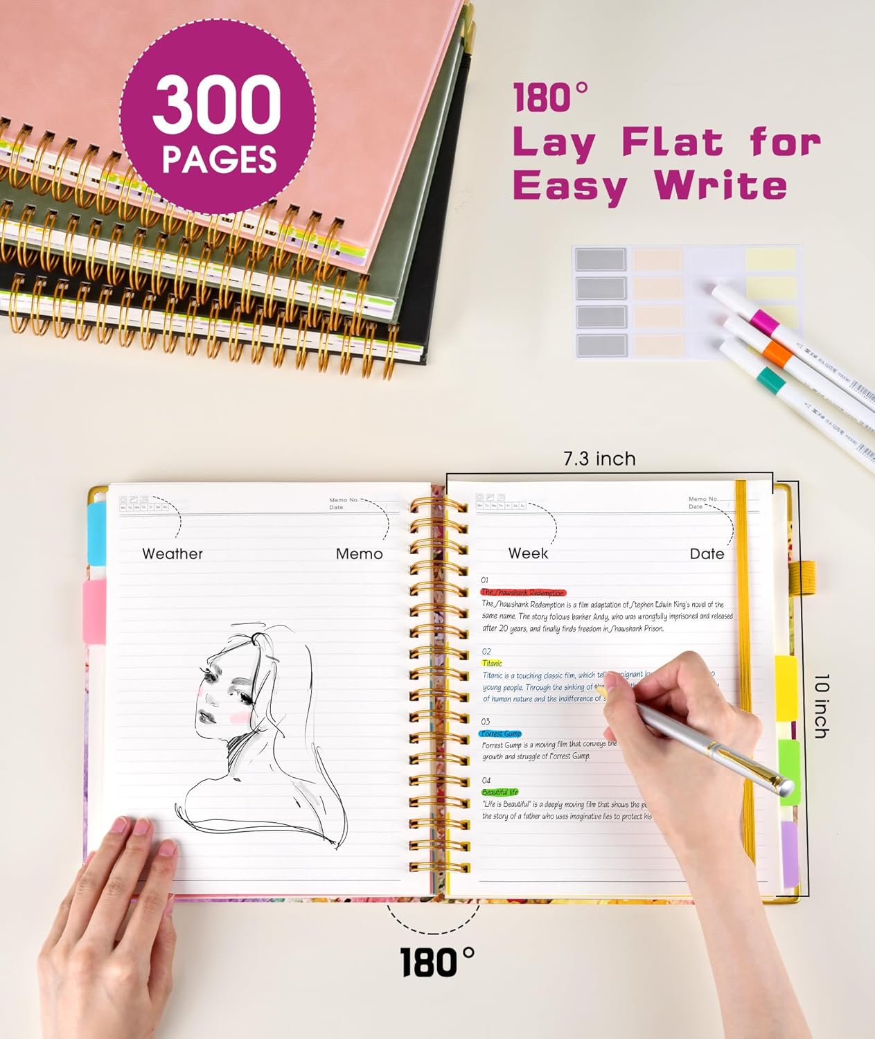 Hardcover Spiral Notebook Journal with Removable Dividers Tabs, 300 Pages Leather 5 Subject Notebook College Ruled, 8"x10" Large B5 Notebooks for Work School Note taking, Lined Journal for Women, Pink