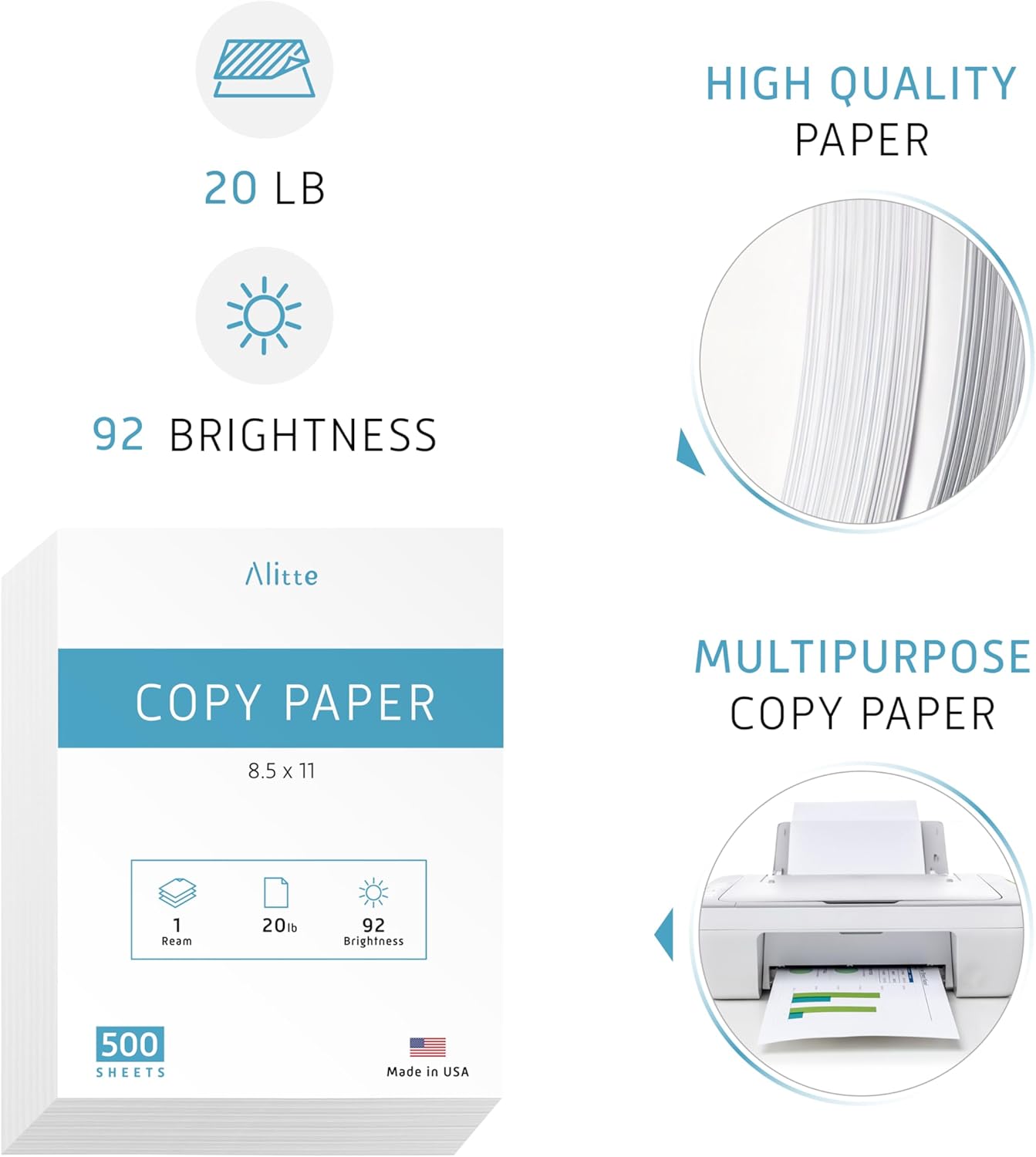 Printer Paper - 8.5 x 11 White Letter Size Copy Paper, 1 Ream 500 Sheets 20 lb Printing Paper for Documents Writing, Drawing, Smooth, 92 Bright | Home, School, Office Supplies | Made in USA