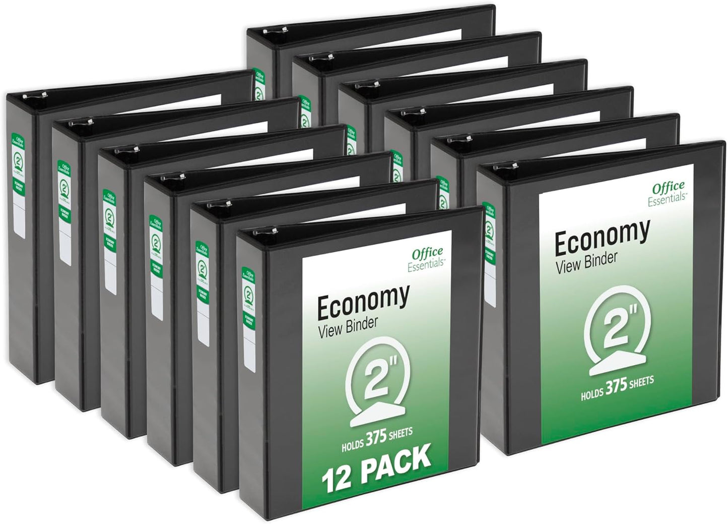 Office Essentials Economy View 3 Ring Binders, 3" Round Rings, 3.5" Spine, 460-Sheet Capacity, Black Binders (12-Pack of 03431)