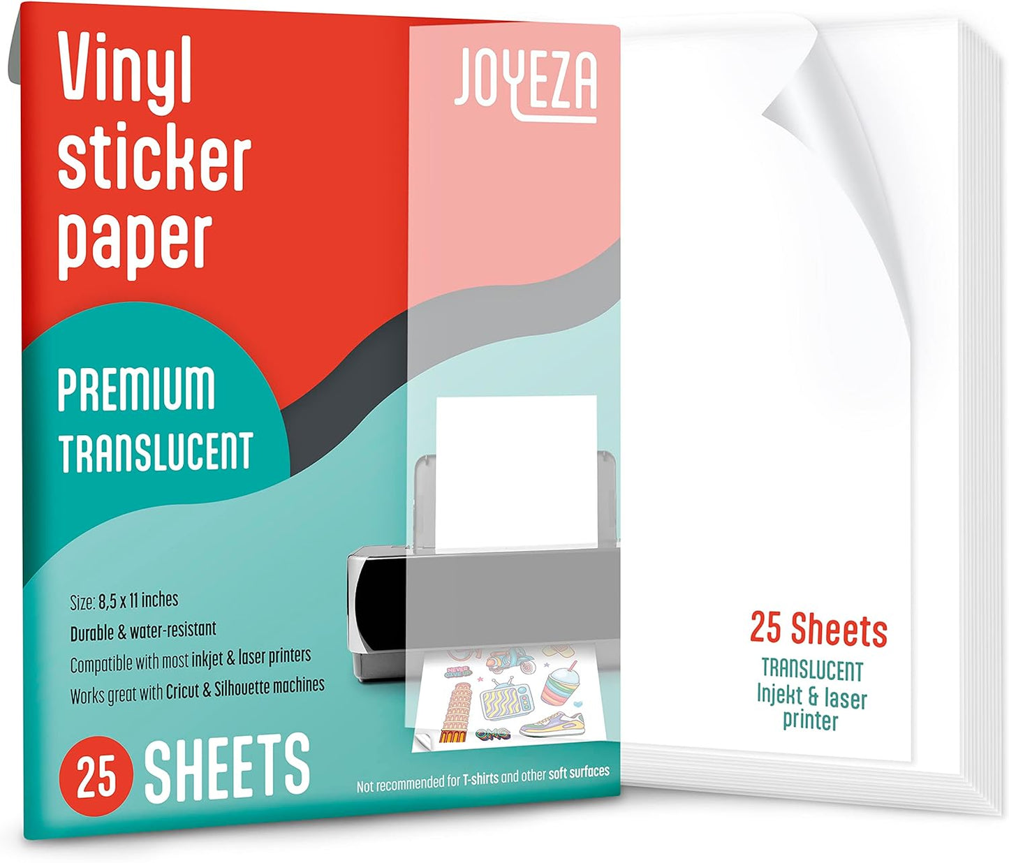 JOYEZA Premium Printable Vinyl Sticker Paper for Inkjet Printer - 25 Sheets Glossy White Waterproof, Dries Quickly Vivid Colors, Holds Ink Well - Inkjet & Laser Printer