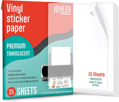 JOYEZA Premium Printable Vinyl Sticker Paper for Inkjet Printer - 25 Sheets Glossy White Waterproof, Dries Quickly Vivid Colors, Holds Ink Well - Inkjet & Laser Printer