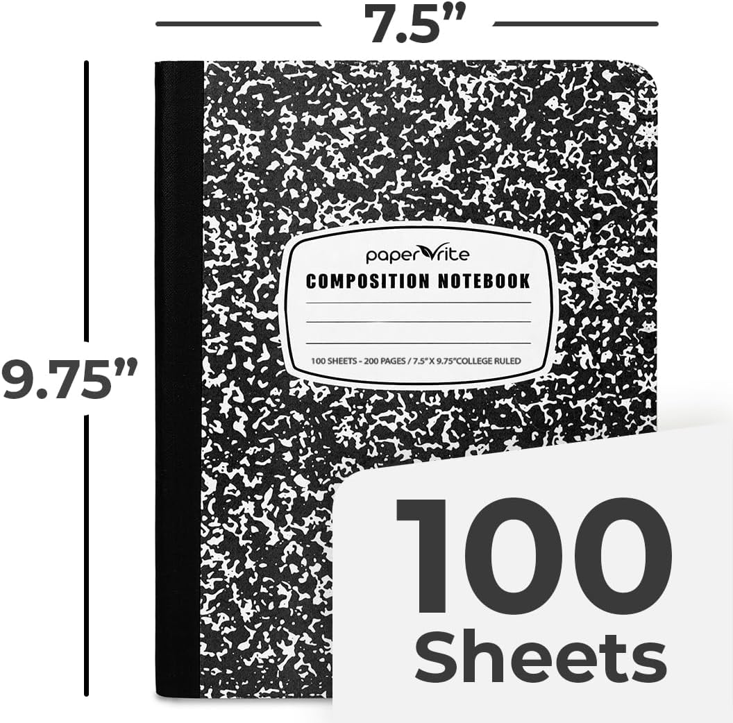 College Ruled Composition Notebook Black Marble | 100 Sheets | 9.75 x 7.5 Inches | Durable Sewn Binding for School & Office Use (12)