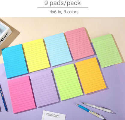 12 Pack Lined Sticky Notes 4x6 in Bright Colors Self-Stick Note Pads with Lines, Colorful Bulk Sticky Memo Pad for School, Office, Meeting