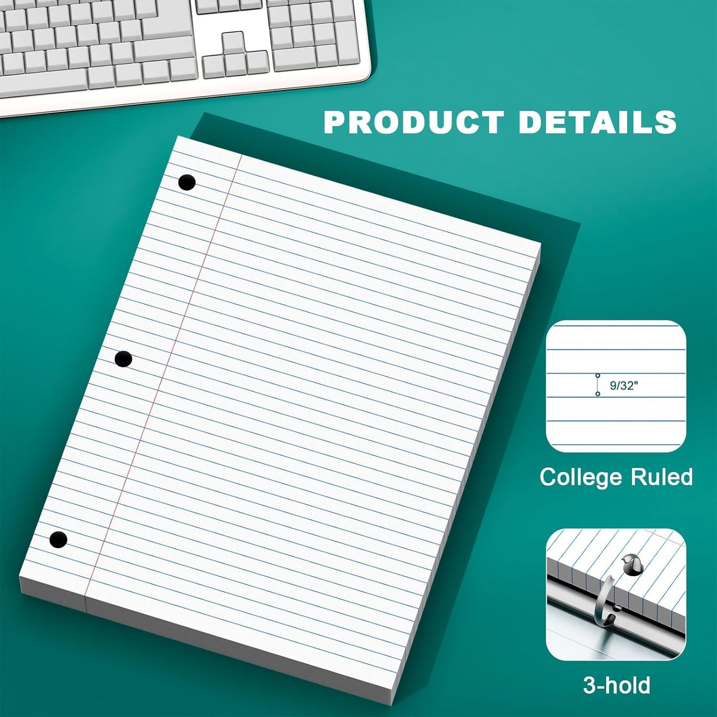 Note Pads 8 X 10.5 Loose Leaf Paper, 120Sheets, 3 Hole Punched Lined Paper, College Ruled 8 X 10.5 Notebooks, 10-1/2" X 8 Binder Writing Pads, Filler Paper For Engineering, Office, School Supplies