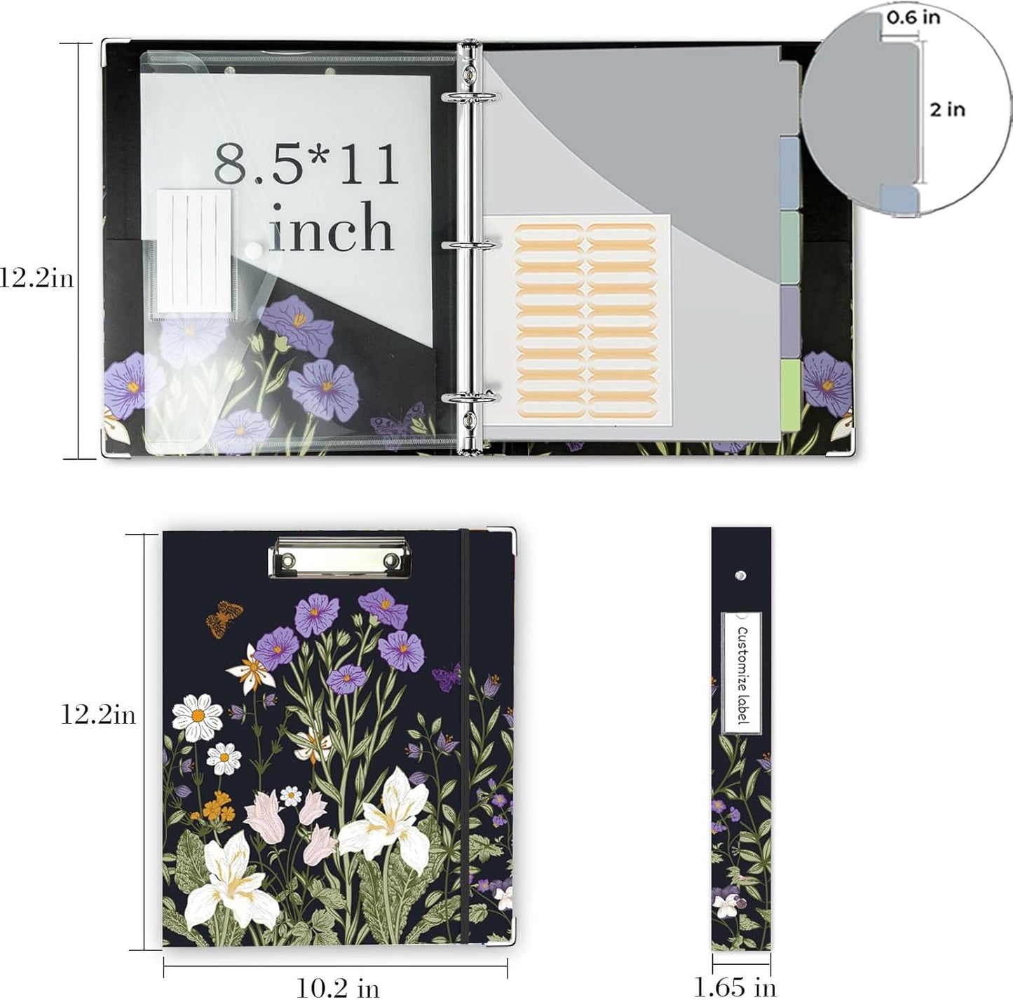 3 Ring Binder 1 Inch, Three Ring Binders Organizer with Clipboard, 5-Tabs Pockets Dividers, Plastic Folder, 18 Divider Stikers, BVSSX Pretty Binder with Pen Loop (Black Weeds, Letter Size)