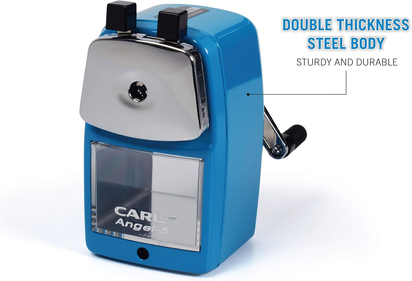 Carl Angel-5 (Black) Heavy-Duty Artist & Teacher Pencil Sharpener – Precision Manual Crank with Auto-Stop, Colored Pencil Compatible, Quiet Operation, Durable Japanese Design.