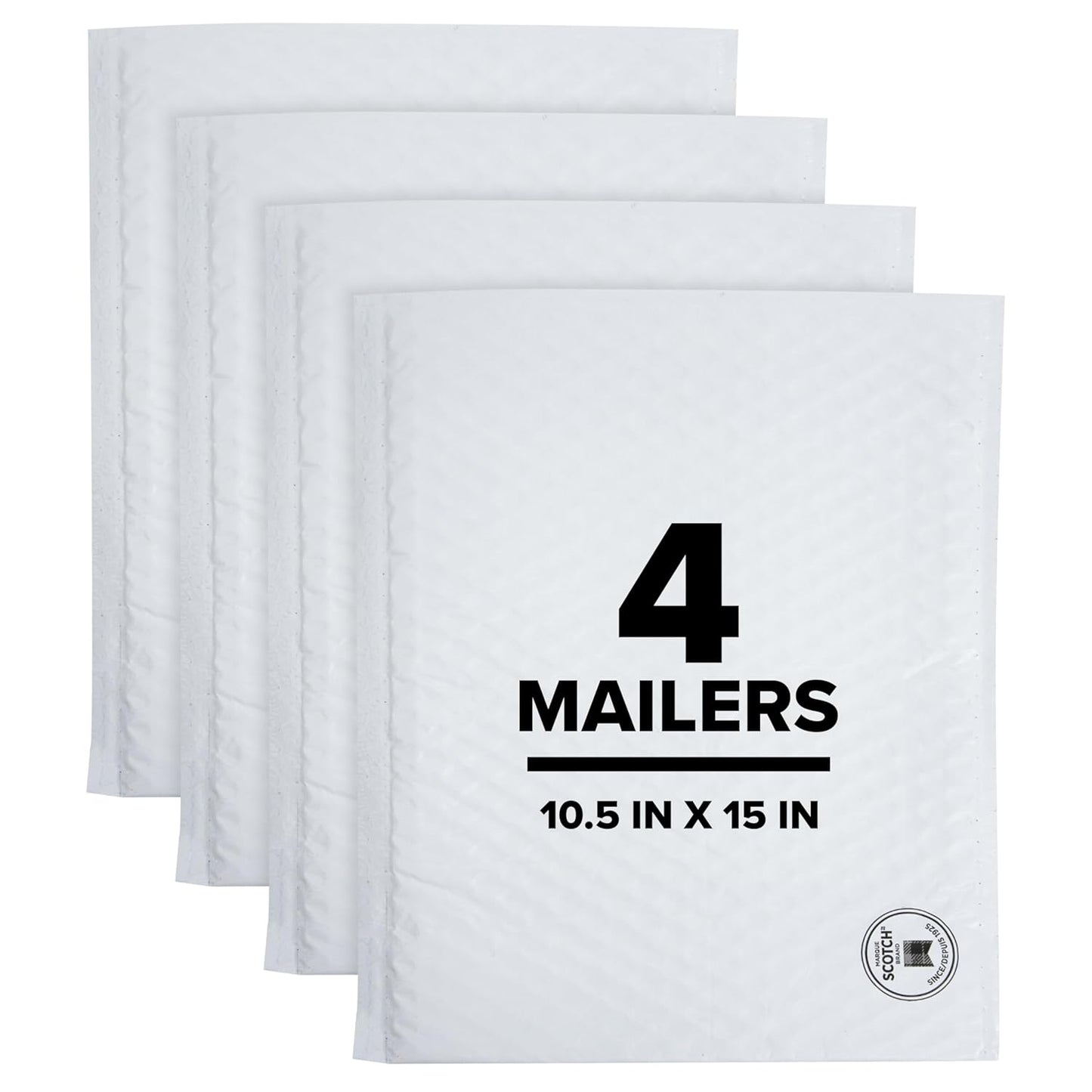 Scotch Poly Bubble Mailer, White, Large, Size 5, Inside Dimensions 10.5 IN x 15 IN, made with 50% recycled plastic
