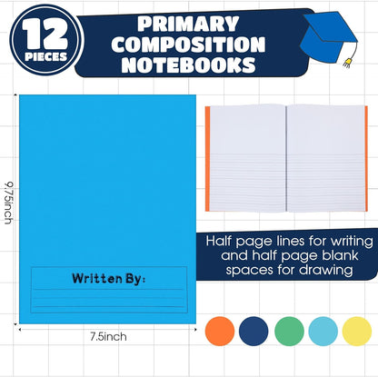 Henoyso 12 Pcs Primary Composition Notebook K-2 Primary Journal, Notebook for Kids Supplies, Bulk Blank Writing Book for Kid to Write Draw Journal 60 Page (9.8″ X 7.5″,Light Color)