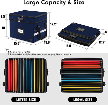 ETRONIK Fireproof Document Box with Lock, 2 Layer File Cabinet Organizer with 5 Tab Inserts, Portable Office Collapsible File Storage with Reflective Strip for Hanging Letter, Legal Size Folder