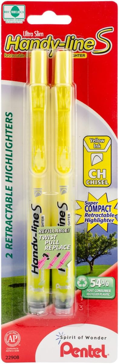 Pentel Handy-Line S Retractable Highlighter, Chisel Tip, Yellow Ink, 2/ Pack (SXS15BP2G)