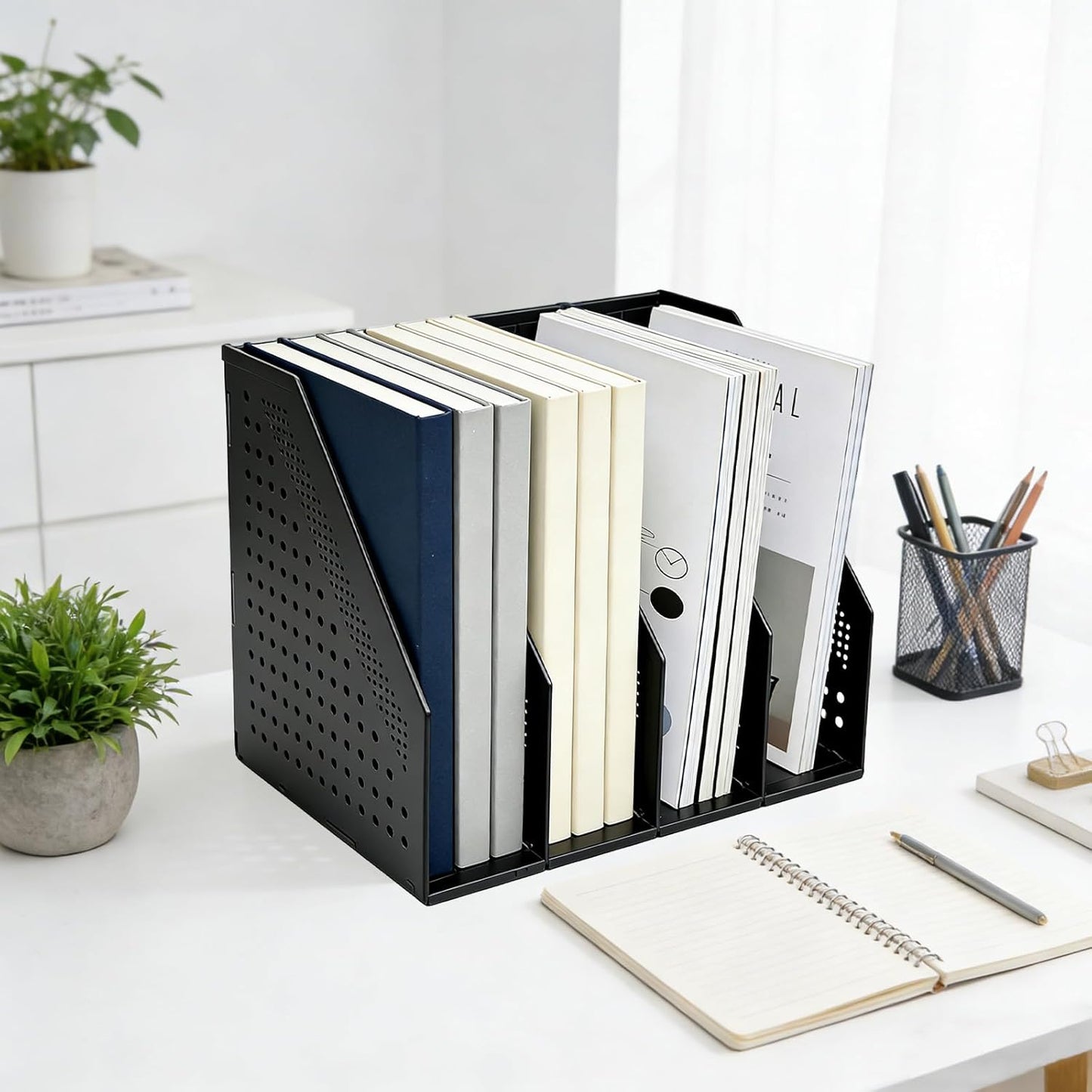 SAYEEC 1Pcs Collapsible Plastic Magazine File Holder Vertical Binder Storage Organizer for Desk Sturdy Upright Desktop Magazine Organizer Folder Rack for Office School Home (3 Compartments, Gray)