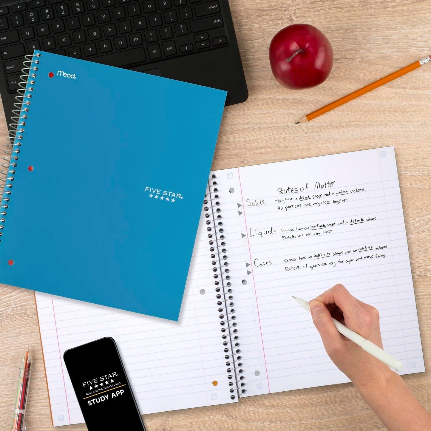 Five Star Spiral Notebook + Study App, 3 Subject, Wide Ruled Paper, 8" x 10-1/2", 150 Sheets, Fights Ink Bleed, Water Resistant Cover, Harvest Yellow (73463)