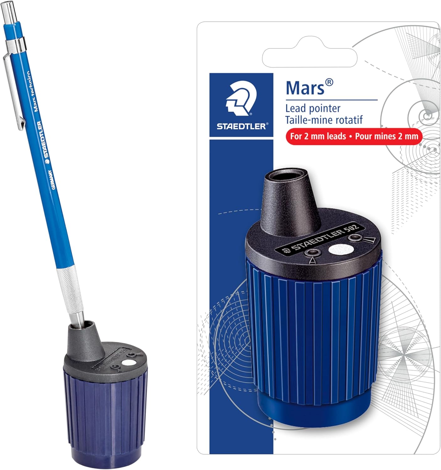 STAEDTLER Mars Lead Pointer: Rotary Mechanical Pencil Lead Sharpener for 2mm Holders, Precision Tool for Architects, Engineers & Artists, Dust Wiper & Adjustable Cone, Built-In Shavings Reservoir
