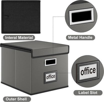 Huolewa Upgraded Portable File Organizer Box with Lid, Collapsible Linen Hanging Filing Storage Boxes with Plastic Slides, Decorative Home/Office Filing System Box for File and Folders Storage (Gray)