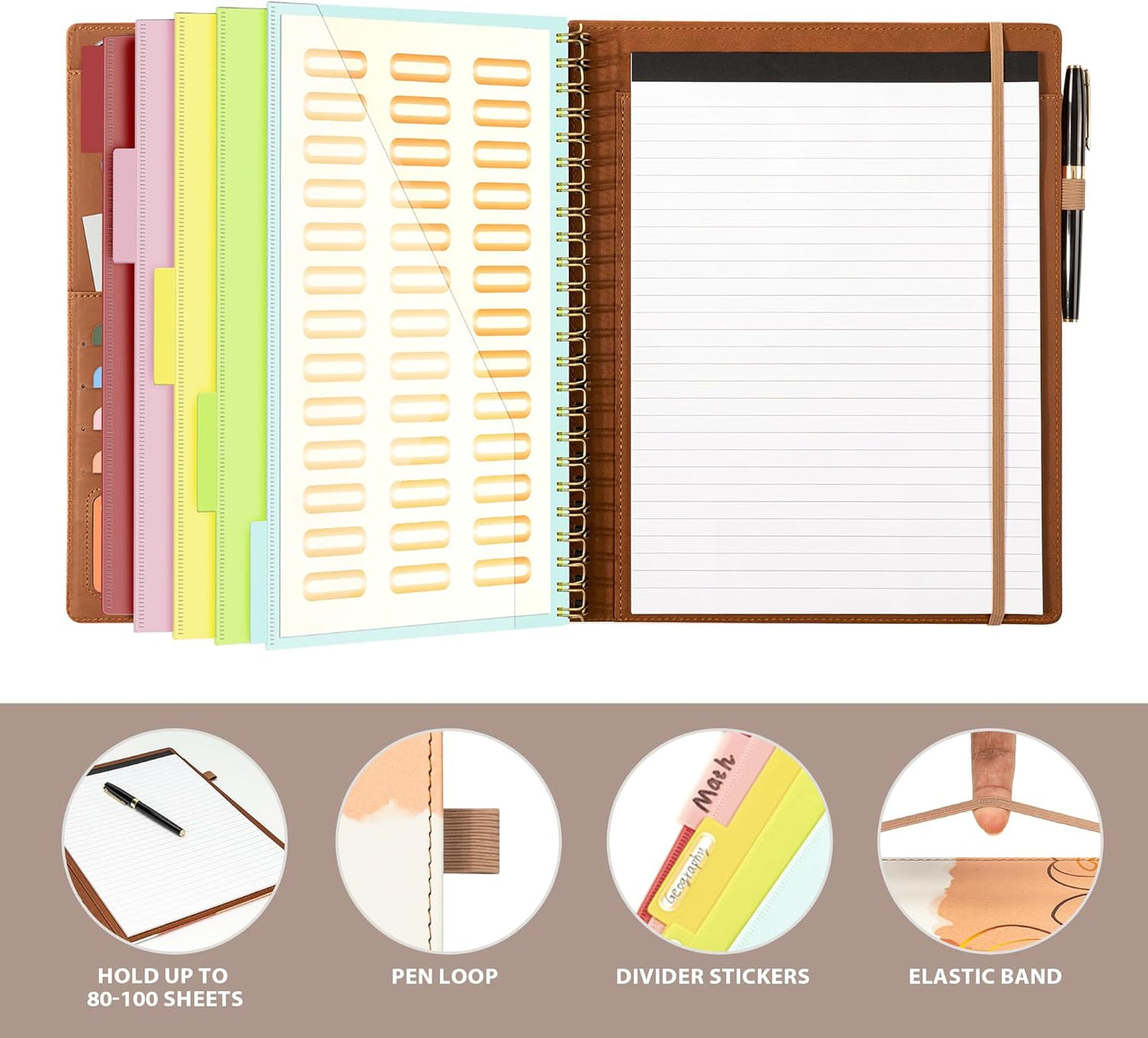 Ospelelf Clipboard with Storage for Women, Leather Padfolio Portfolio Organizer 5 Folders with 10 Pockets, Spiral Clipboard Folio with Notepad for Letter Size, Elastic Closure and Pen Loop Floral