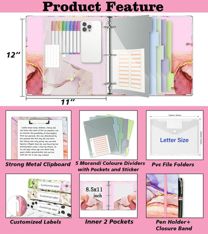 3 Ring Binder 1 Inch, Three Ring Binders Organizer with Clipboard, 5-Tabs Pockets Dividers, Plastic Folder, 18 Divider Stikers, BVSSX Pretty Binder with Pen Loop (Black Weeds, Letter Size)