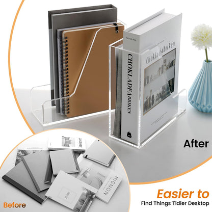 HeZone Acrylic Magazine Rack File Holder Desk Organizers and Storage 2-Pack Small Clear Acrylic Vertical Magazine Holder Book Stand for Office Desk