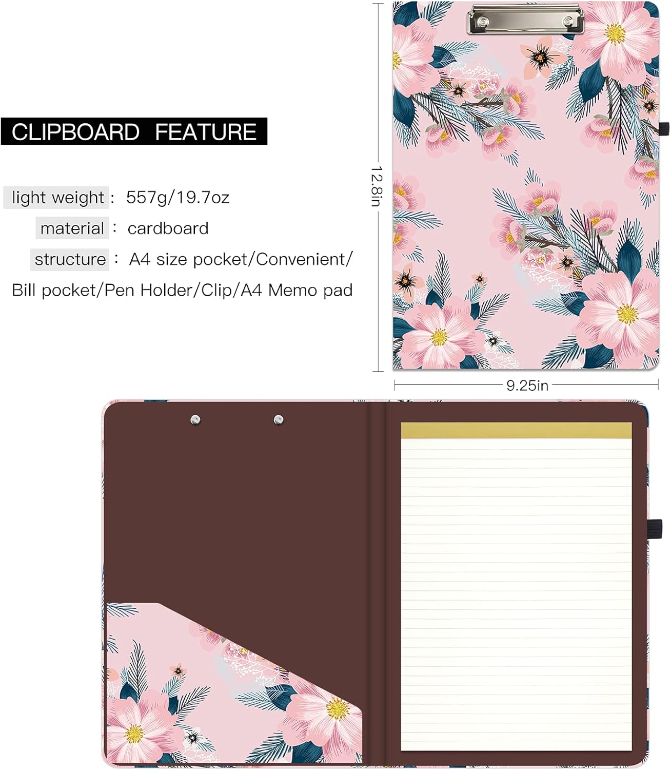 Hongri Clipboard Folio with Refillable Lined Notepad and Interior Storage Pocket for Students, Classroom, Office, Women, Man, Cute Custom Pattern, Size 12.8 x 9.2 in, Classic Flower