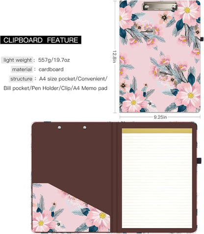 Hongri Clipboard Folio with Refillable Lined Notepad and Interior Storage Pocket for Students, Classroom, Office, Women, Man, Cute Custom Pattern, Size 12.8 x 9.2 in, Classic Flower