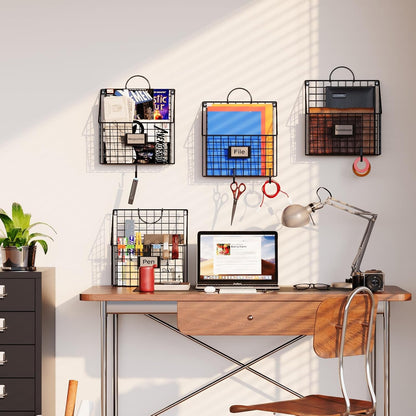 Yuzehuaza Hanging Wall File Organizer Metal Wall Mounted File Holder Folder with Handles and Hooks, Magazine Document Rack, for Home Office or Decor, 3 Packs (Patent Pending)