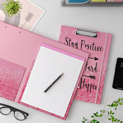 Clipboard Folio with Refillable Lined Notepad, Low Profile Clip and Interior Storage Pocket, Cute Clipboard Folder Design for Students, Office, School, Nurse (Garden Flowers+Stay Positive)