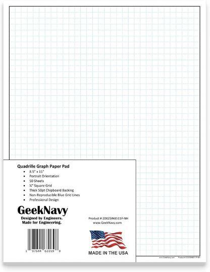 GeekNavy 11" x 17" Quadrille Graph Paper 50 Sheets Landscape - 0.25" 4x4 Square Grid, Blueprint, High Brightness, Border-Outlined, Large Drafting (1-Pack)
