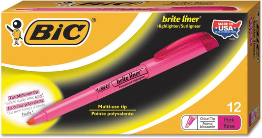 BIC BL11PK Brite Liner Highlighter, Chisel Tip, Fluorescent Pink, Dozen
