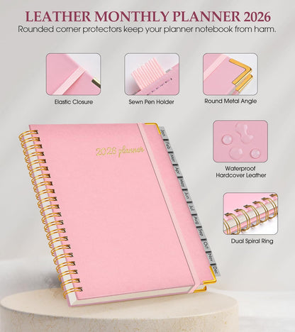 2026 Planner, Weekly and Monthly Calendar Planner from January 2026 - December 2026, 8.5" x 11" Hardcover Leather Hourly Appointment Book with Tabs, Spiral Daily Planners for School Work Home, Green