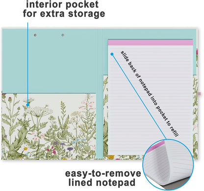 Clipboard Folio with Refillable Lined Notepad, Low Profile Clip and Interior Storage Pocket, Cute Clipboard Folder Design for Students, Office, School, Nurse (Garden Flowers+Stay Positive)