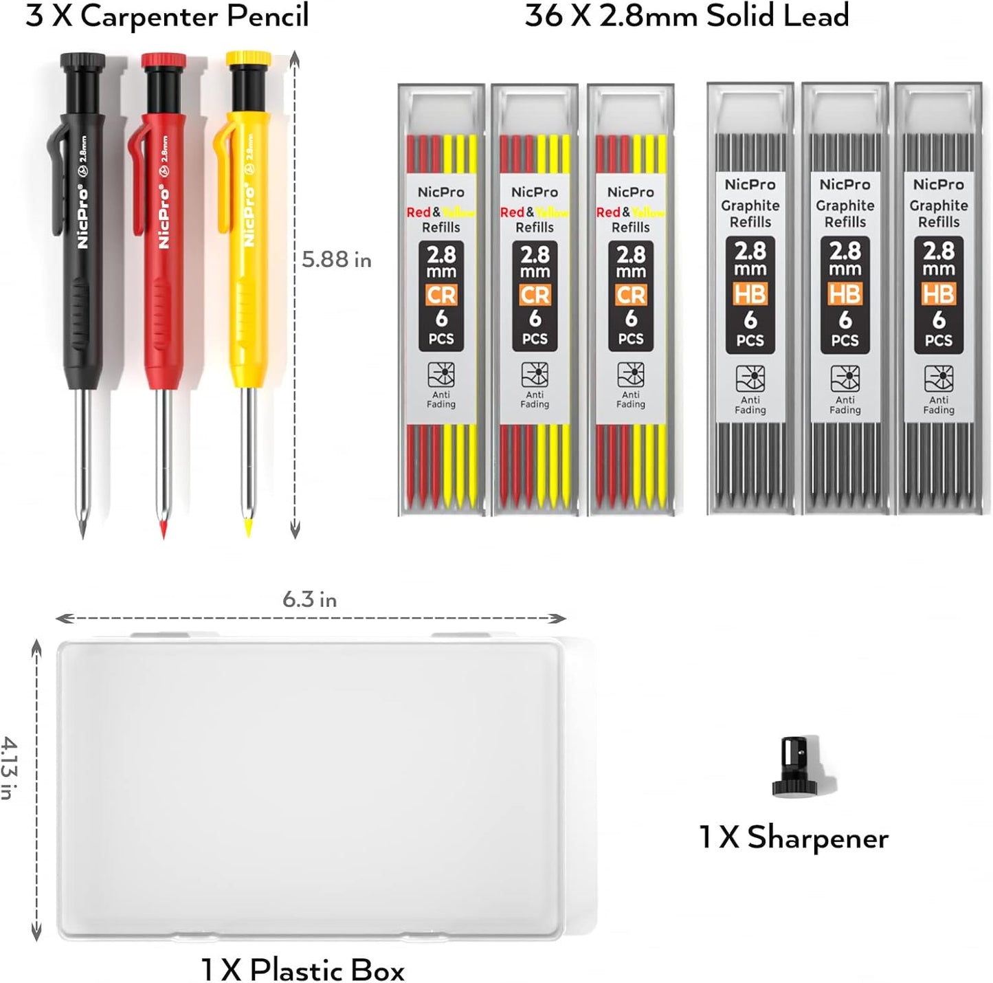 Nicpro Carpenter Pencil with Sharpener, Mechanical Pencils Set with 26 Refills, Deep Hole Marker for Construction, Heavy Duty Woodworking Tools for Architect (Black, Red) - With Case