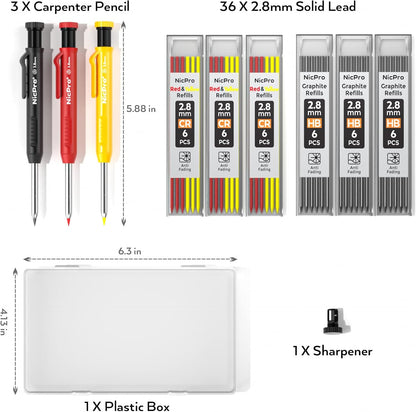 Nicpro Carpenter Pencil with Sharpener, Mechanical Pencils Set with 26 Refills, Deep Hole Marker for Construction, Heavy Duty Woodworking Tools for Architect (Black, Red) - With Case