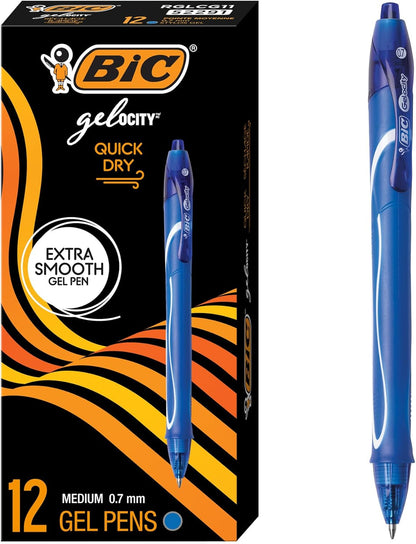 BIC Gelocity Quick Dry Blue Gel Pens, Medium Point (0.7mm), 12-Count Pack, Retractable Gel Pens with Comfortable Full Grip