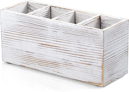 Bivvclaz Pencil Pen Holder for Desk, Wooden Office Desk Organizers and Accessories with 4 Slots for Countertop, Makeup Brush Holder Organizer for Bathroom Vanity, Silverware Caddy for Party, White