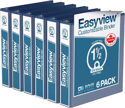Easyview Premium 3-Ring Binders with Clear-View Covers and Round Rings, Binders for School or Office, 1 Inch, Pack of 6, Navy Blue