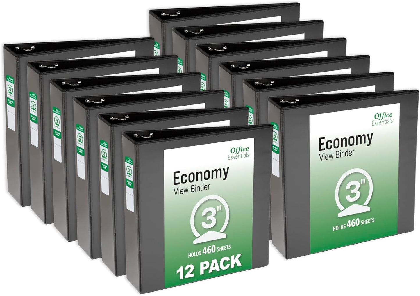 Office Essentials Economy View 3 Ring Binders, 3" Round Rings, 3.5" Spine, 460-Sheet Capacity, Black Binders (12-Pack of 03431)