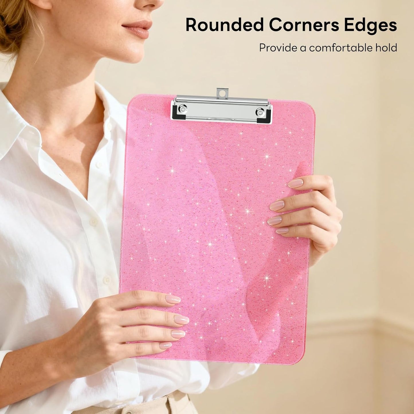 A4 Plastic Glitter Clipboard, Sparkly Pink 12.5 x 9 Letter Size for Classroom, Students, Teacher, Nurse, 8.5 x 11 Clip Board with Low Profile Clip, Office & School Supplies