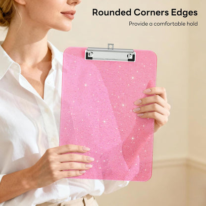 A4 Plastic Glitter Clipboard, Sparkly Pink 12.5 x 9 Letter Size for Classroom, Students, Teacher, Nurse, 8.5 x 11 Clip Board with Low Profile Clip, Office & School Supplies