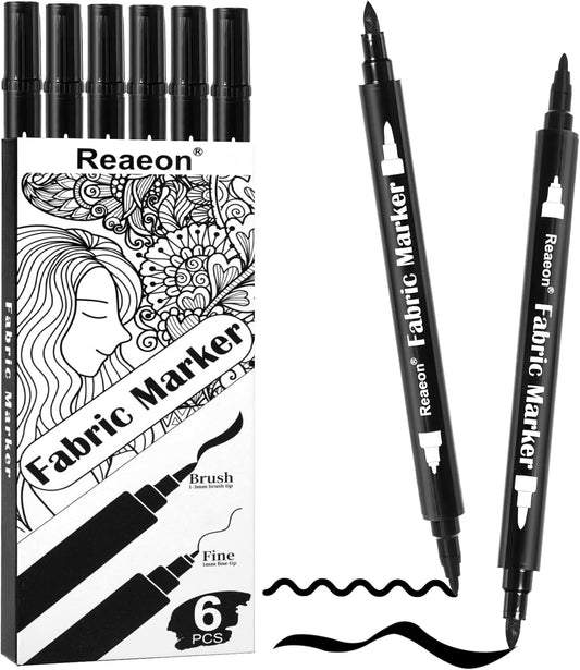 Reaeon Black Fabric Markers, Dual Tip Fabric Paint Markers, Permanent Fabric Pens for Clothes, T Shirts, Canvas, Bags (6pack)