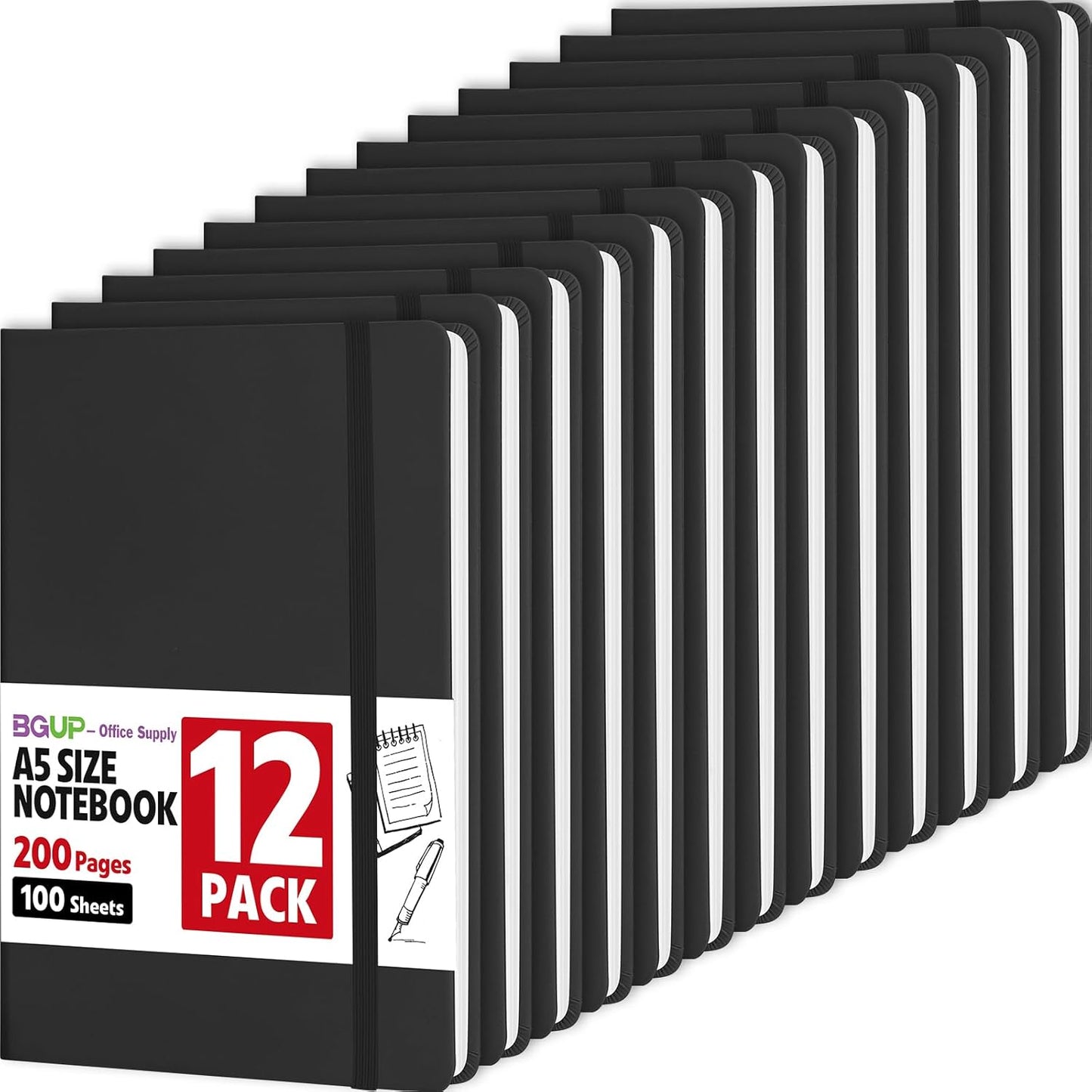 12 Pack Lined Journal Notebook for Work, 200 Pages, Medium 5.5 in x 8.3 in, A5 College Ruled, Hardcover Journaling Notebooks for Writing, Note Taking, Fit for Business Work School Home (Black)