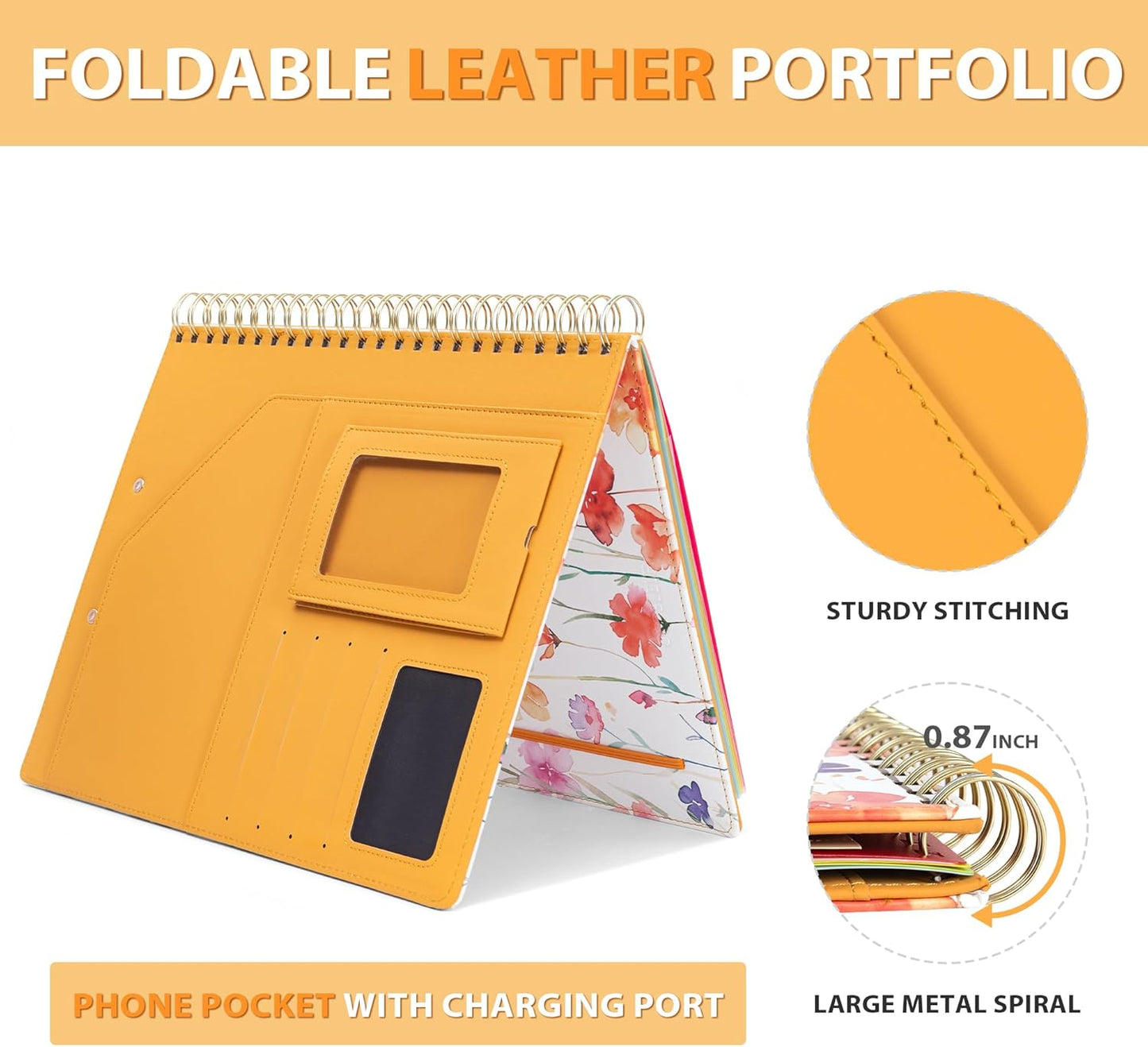 Ospelelf Clipboard with Storage for Women, Leather Padfolio Portfolio Organizer 5 Folders with 10 Pockets, Spiral Clipboard Folio with Notepad for Letter Size, Elastic Closure and Pen Loop Floral