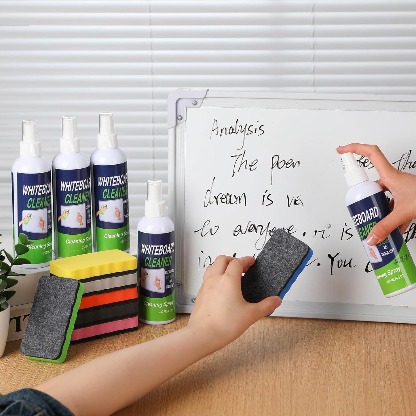 Fuyoooo 16 Pcs Whiteboard Cleaner Dry Erase Set, 8.5 fl oz Whiteboard Cleaning Spray Dry Erase Board Liquid Cleaner with 8 Magnetic Chalkboard Board Erasers for Classroom Home Office