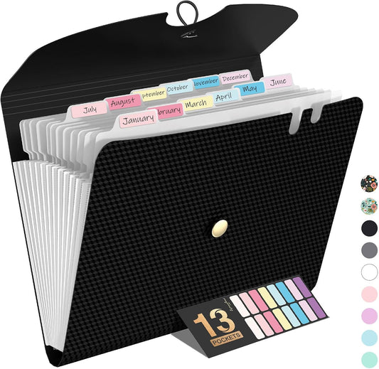 Sooez Expanding File Folder, 13 Pocket Accordion File Organizer, Monthly Expandable File Folder for Documents with Labels, Portable Bill Receipt Organizer for School Office Supplies, Letter A4 Size