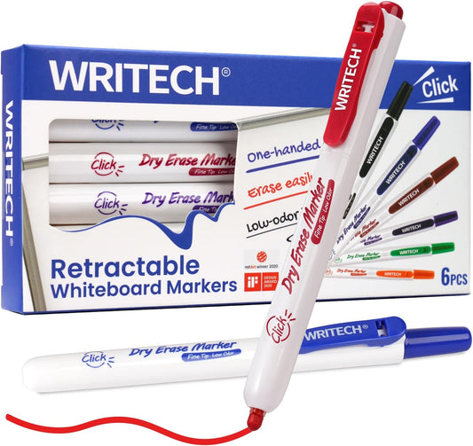 WRITECH Retractable Dry Erase Markers: Fine Tip Assorted Color Low Odor Multi Colored Set Refillable Clickable Multicolor Thin Point Whiteboard Marker Bulk 12ct No Bleed Smear