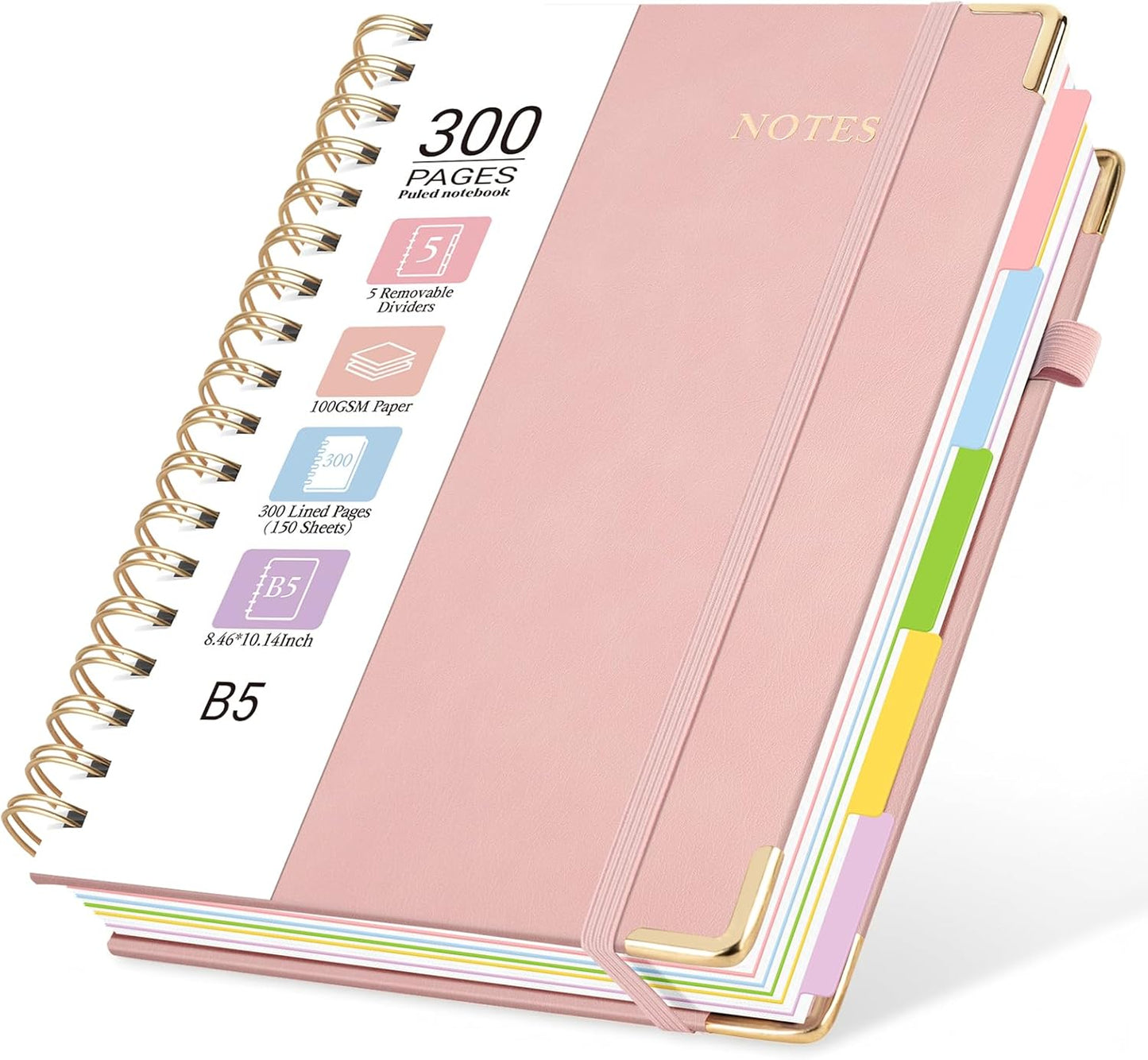 Hardcover Spiral Journal Notebook, 300 Pages 5 Subject Notebook College Ruled with Removable Dividers Tabs, 8" x 10" Notebooks for Work, Spiral Ruled Lined Writing Journal Hardcover Leather Notebook for School (Black, 8''x 10'')