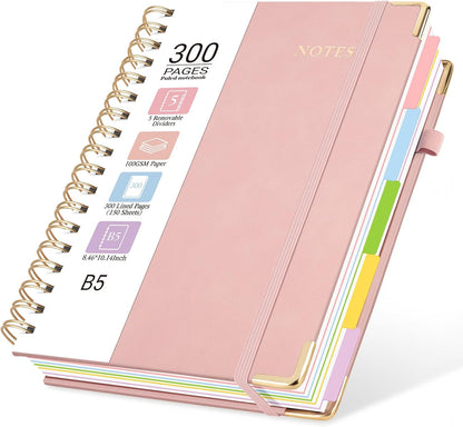 Hardcover Spiral Journal Notebook, 300 Pages 5 Subject Notebook College Ruled with Removable Dividers Tabs, 8" x 10" Notebooks for Work, Spiral Ruled Lined Writing Journal Hardcover Leather Notebook for School (Black, 8''x 10'')