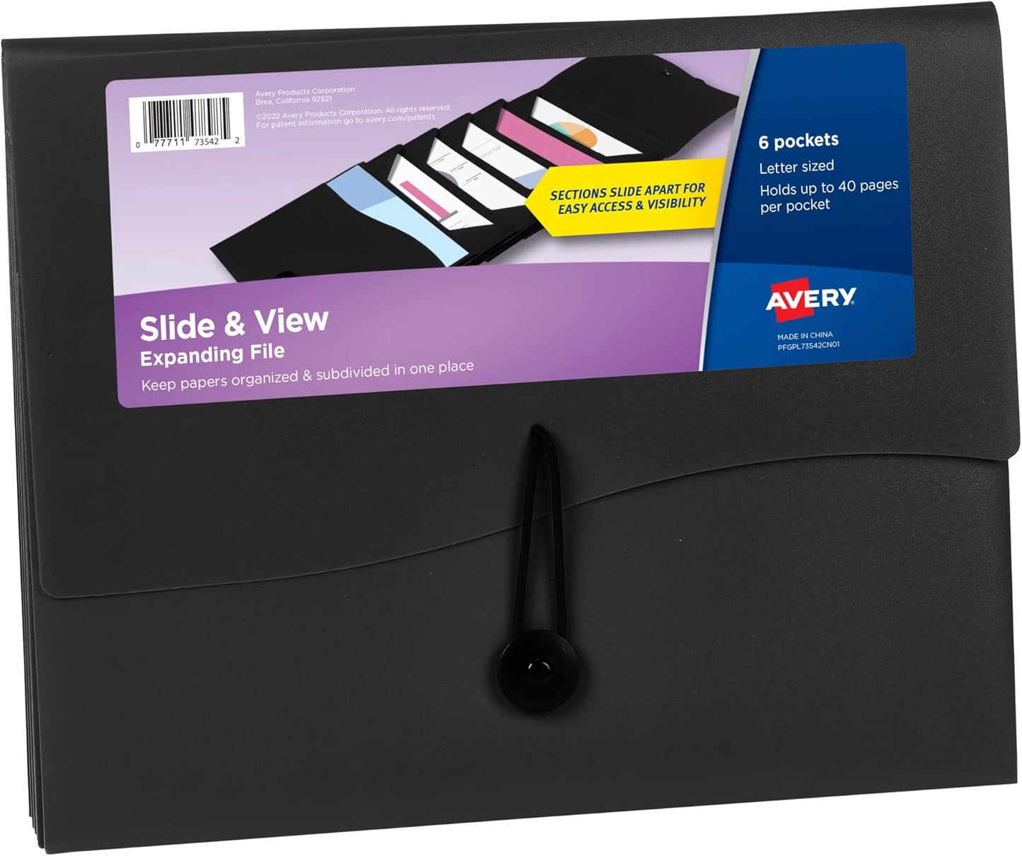 Avery Slide & View Expanding File Folder, 6 Pockets, Letter Size, 1 Black Folder (73542)