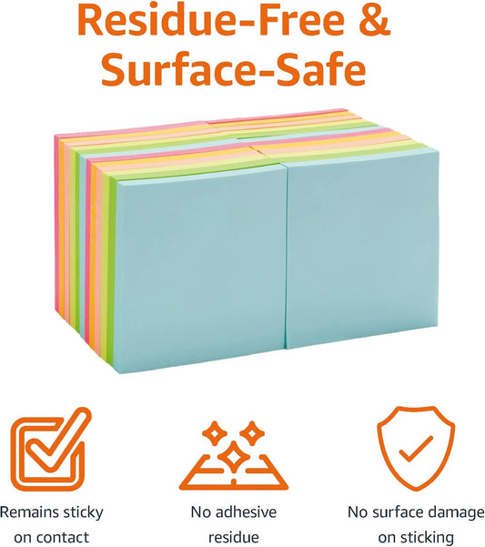 Amazon Basics Square Sticky Notes for Organizing, Reminders, To Do Lists, Clean Removal, 3"x3", 24-Pack, Assorted Colors