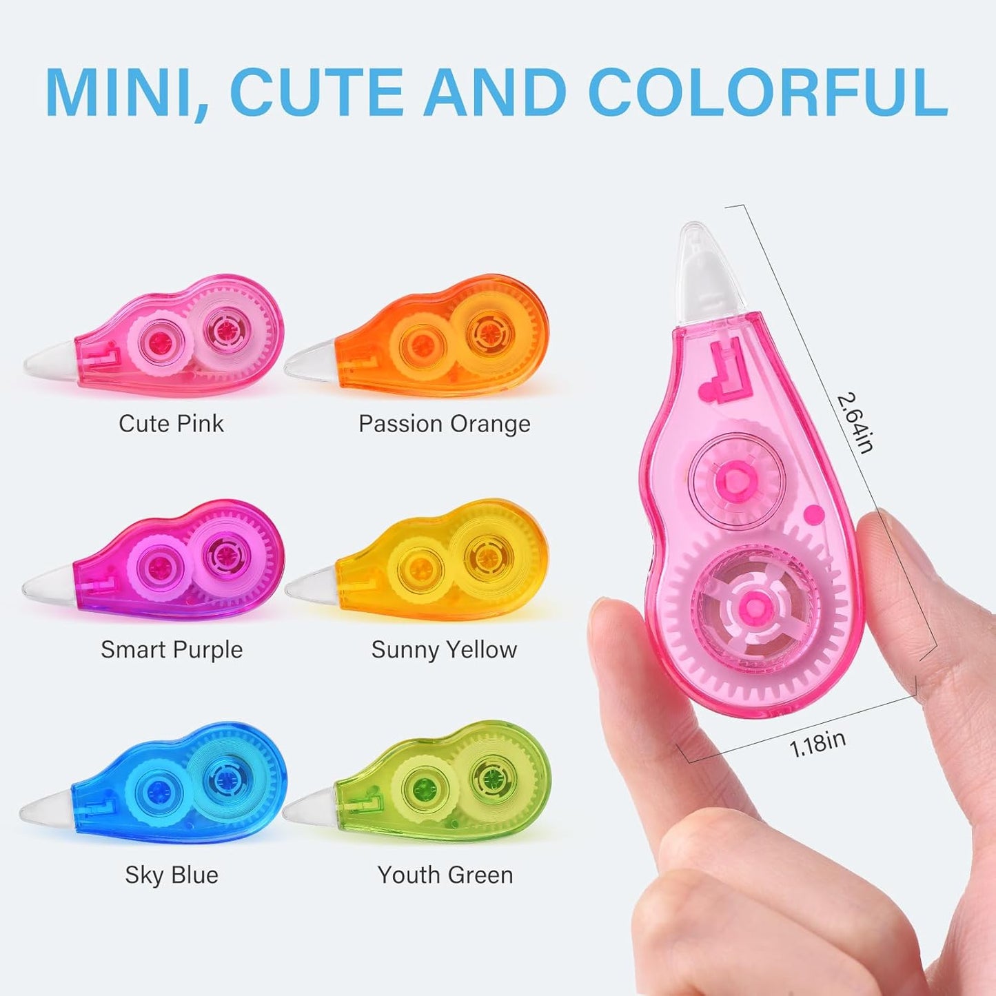 Mini Cute Correction Tape, 13.12ft, 6-Count Pack, Easy to Use, Dry Instant Tear-Resistant and Silent, School Office Supplies, Pink Purple Blue Green Orange Yellow