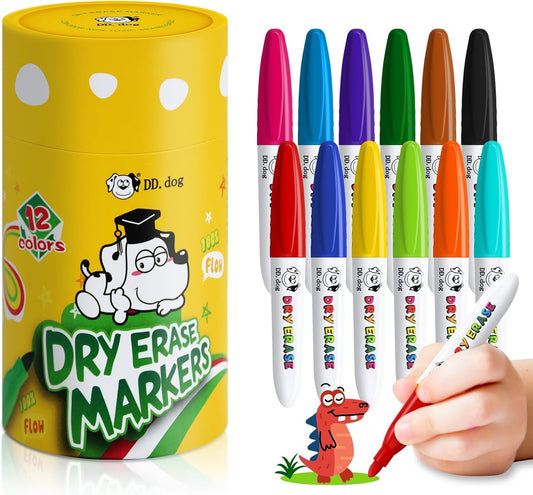Mini Dry Erase Markers for Kids, Small 12 Colored Non-Toxic Fine Tip White board Markers, Low-Odor Whiteboard Markers Set for Classroom, Home & School Art Supplies (12 Pack)