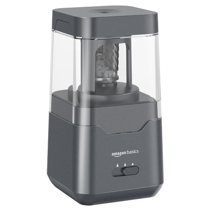 Amazon Basics Portable Electric Pencil Sharpener, Easy to Use, Versatile, Helical Blade, Auto Stop, Battery/USB Cord Operated, Black, 2.87 x 2.87 x 5.3 in